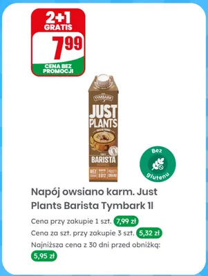 Napój owsiano karm. Just Plants Barista Tymbark bez glutenu promocja w Dino