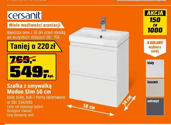 Szafka z umywalką Cersanit Moduo Slim 50 cm promocja w OBI