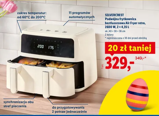 Podwójna frytkownica beztłuszczowa Air Fryer retro 2600W 2x4.35l promocja w Lidl