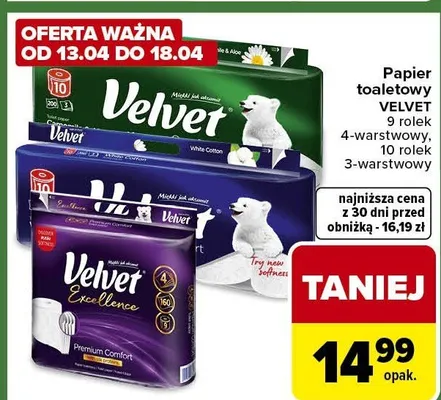 Papier toaletowy 9 rolek 4-warstwowy, 10 rolek 3-warstwowy promocja w Carrefour Express