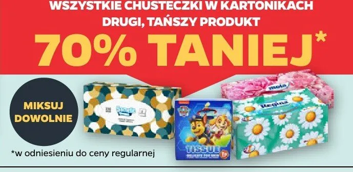 Wszystkie chusteczki w kartonikach drugi, tańszy produkt 70% taniej promocja w Netto