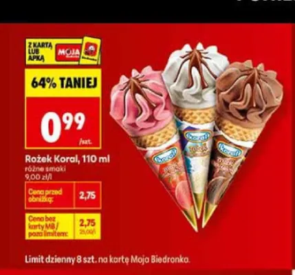 Lody rożek truskawkowy Koral promocja w Biedronka
