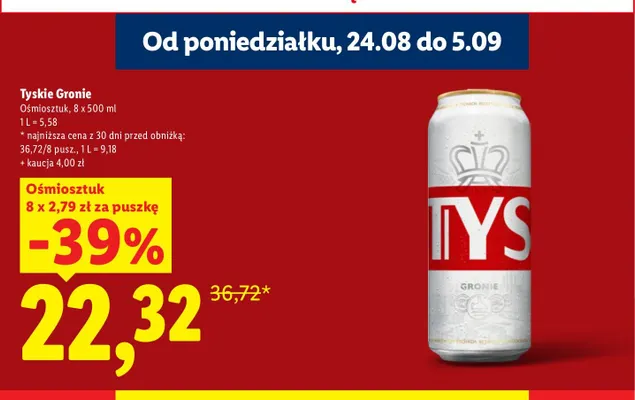 Piwo Tyskie Gronie 8-pak 500 ml promocja w Lidl