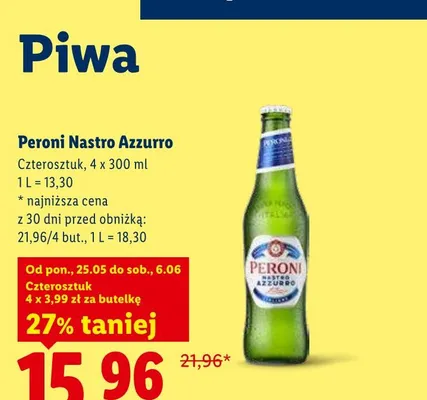 Piwo Peroni Nastro Azzurro 4-pak 300ml promocja w Lidl