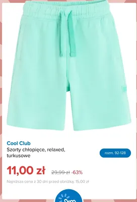 Szorty chłopięce Cool Club relaxed turkusowe promocja w Smyk