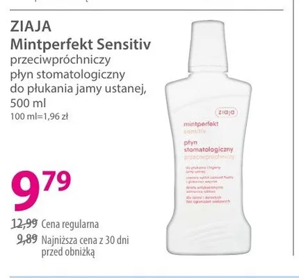 Przeciwpróchniczy płyn stomatologiczny do płukania jamy ustnej ZIAJA Mintperfekt Sensitiv promocja w Hebe