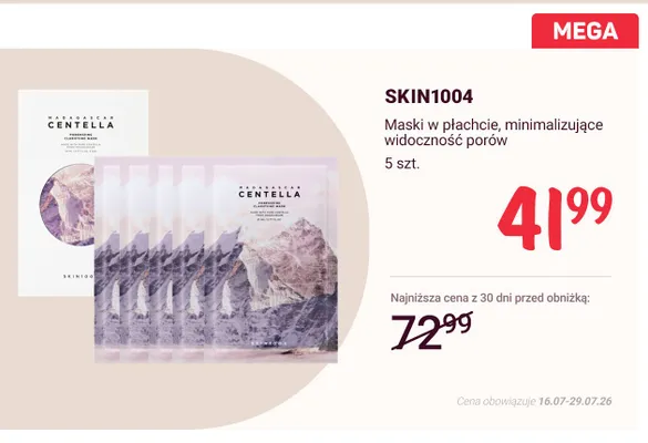 Maski w płachcie minimalizujące widoczność porów SKIN1004 Madagascar Centella promocja w Rossmann