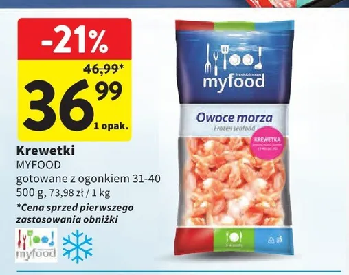 Krewetki gotowane z ogonkiem 31-40 Myfood promocja w Intermarche