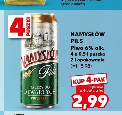 Piwo Namysłów Pils 6% alk. 4-pak 0,5l promocja w Kaufland
