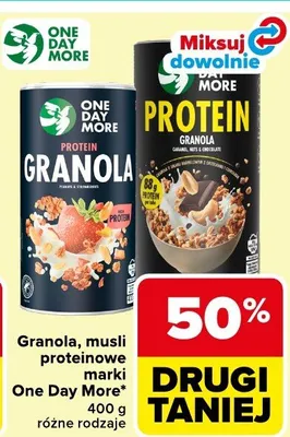 Granola, musli proteinowe marki One Day More różne rodzaje promocja w Carrefour