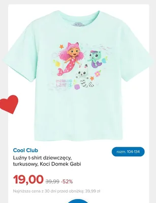 Luźny t-shirt dziewczęcy Cool Club turkusowy Koci Domek Gabi promocja w Smyk