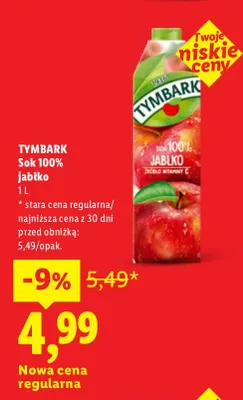 Sok jabłko Tymbark 100% promocja w Lidl