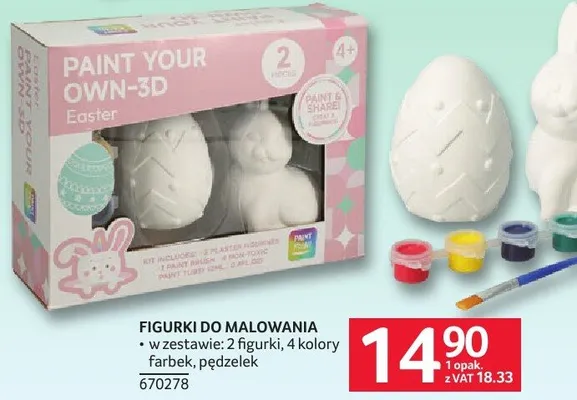 Figurki do malowania Paint Your Own-3D Easter w zestawie: 2 figurki, 4 kolory farbek, pędzelek promocja w Selgros