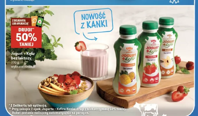 Jogurt + kefir bez laktozy mango i marakuja Kanka promocja w Delikatesy Centrum