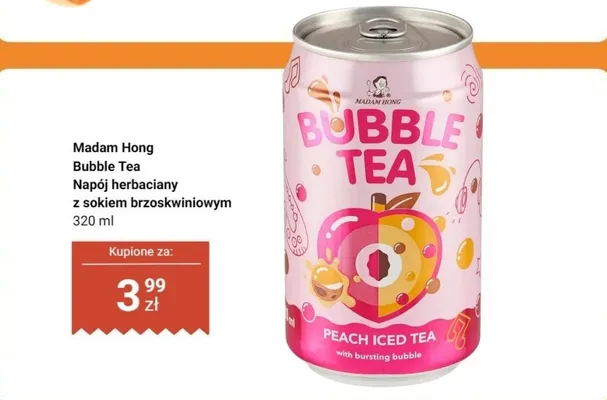 Napój herbaciany Bubble Tea z sokiem brzoskwiniowym Madam Hong promocja w Dino