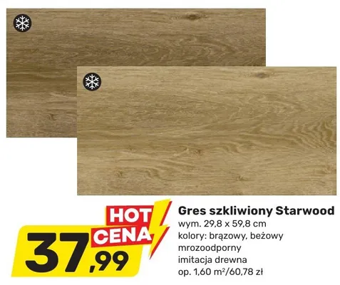 Gres szkliwiony Starwood wym. 29,8 x 59,8 cm kolory: brązowy, beżowy mrozoodporny imitacja drewna promocja w Bricomarche