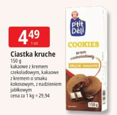 Ciastka kruche z kremem czekoladowym, kakaowe z kremem o smaku kokosowym, z nadzieniem jabłkowym promocja w Leclerc
