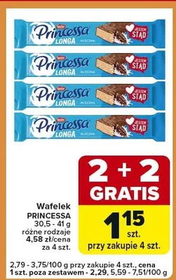 Wafelek Princessa Longa mleczna różne rodzaje promocja w Carrefour Express
