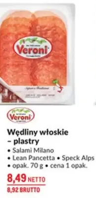 Wędliny włoskie - plastry Salame Milano, Lean Pancetta, Speck Alps promocja w Makro