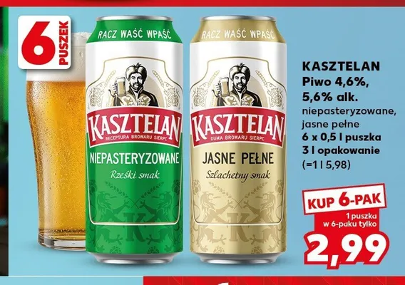 Piwo Kasztelan Jasne Pełne 6-pak promocja w Kaufland