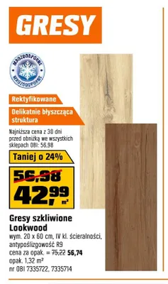 Gresy szkliwione Lookwood wym. 20x60cm IV kl. ścieralności antypoślizgowość R9 promocja w OBI