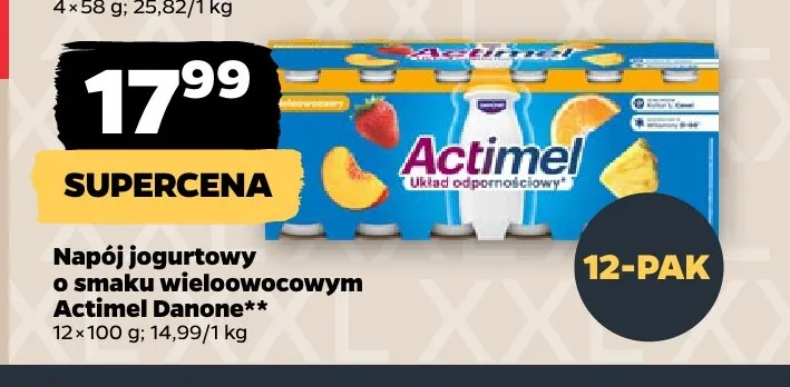 Napój jogurtowy o smaku wieloowocowym Actimel Danone 12-pak promocja w Netto