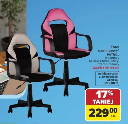 Fotel gamingowy PATROL welurowy promocja w Carrefour