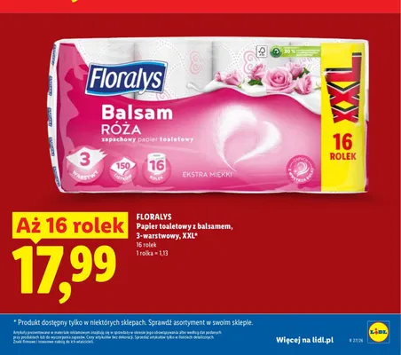 Papier toaletowy z balsamem Floralys Balsam Róża 3-warstwowy XXL 16-pak promocja w Lidl