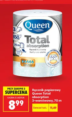 Ręcznik papierowy Queen Total absorption 3-warstwowy 70m promocja w Biedronka