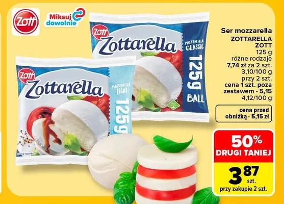 Ser mozzarella Zottarella Light promocja w Carrefour Market