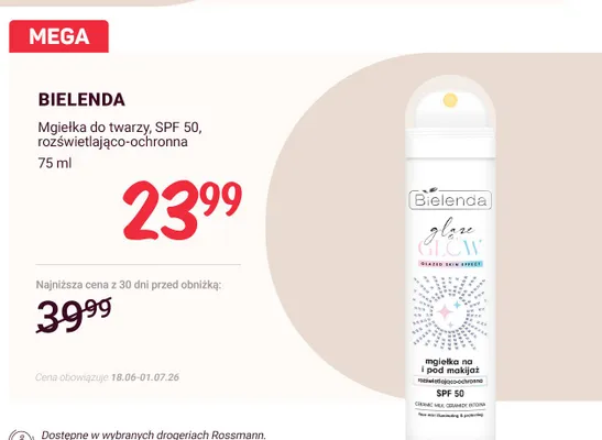 Mgiełka do twarzy rozświetlająco-ochronna Bielenda Glaze & Glow SPF 50 promocja w Rossmann