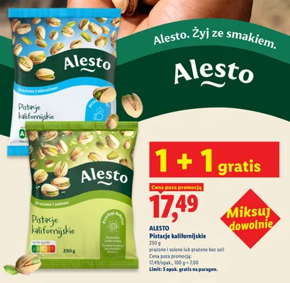 Pistacje kalifornijskie prażone i solone Alesto promocja w Lidl