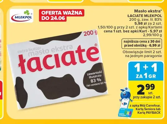 Masło ekstra Łaciate Mlekpol promocja w Carrefour