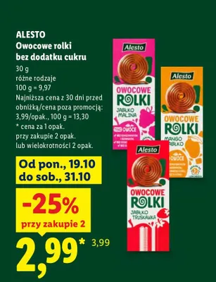 Owocowe rolki bez dodatku cukru jabłko malina Alesto promocja w Lidl