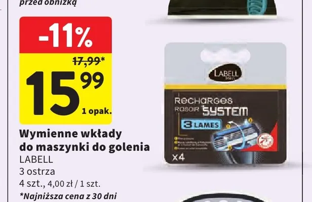 Wymienne wkłady do maszynki do golenia Labell 3 ostrza promocja w Intermarche