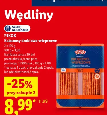 Kabanosy drobiowo-wieprzowe 2-pak Pikok promocja w Lidl