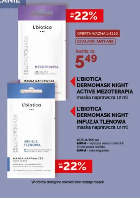 Dermomask Night Infuzja Tlenowa maska naprawcza L'biotica promocja w Ziko Dermo