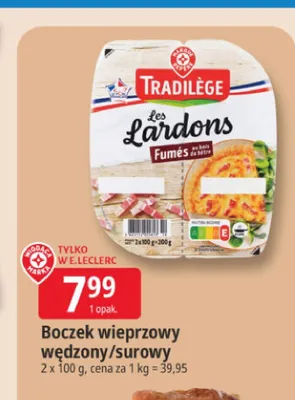 Boczek wieprzowy wędzony/surowy Tradilège promocja w Leclerc