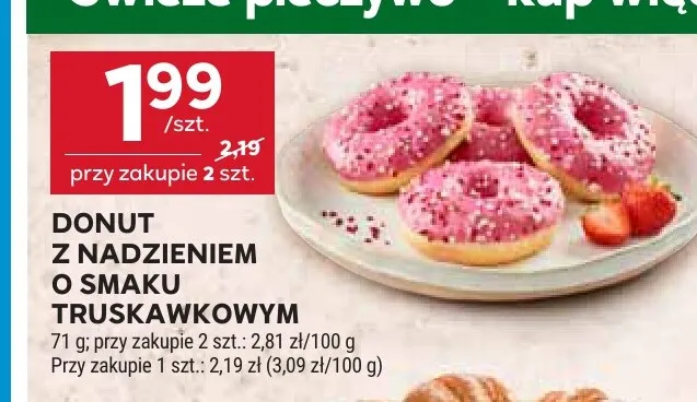 Donut z nadzieniem o smaku truskawkowym promocja w Stokrotka