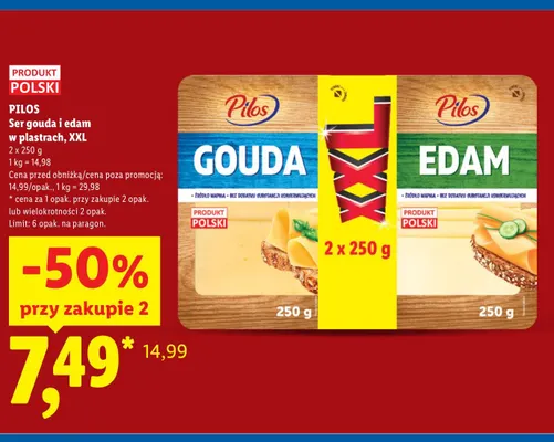 Ser edam w plastrach XXL 2-pak Pilos promocja w Lidl