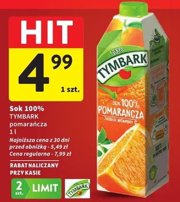 Sok 100% Tymbark pomarańczowy promocja w Intermarche