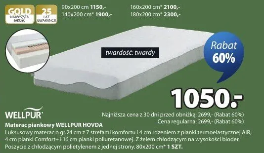 Materac piankowy WELLPUR HOVDA promocja w Jysk