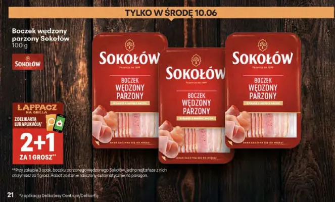 Boczek wędzony parzony Sokołów promocja w Delikatesy Centrum