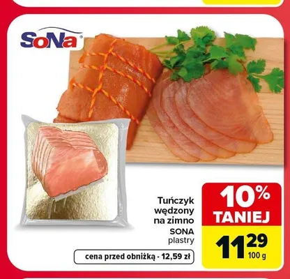 Tuńczyk wędzony na zimno Sona plastry promocja w Carrefour Market