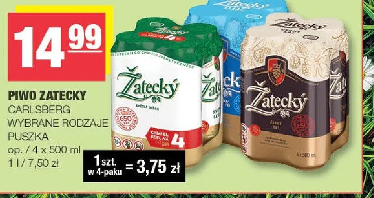 Piwo Zatecky Svetly Lezak puszka 4-pak 500ml promocja w SPAR