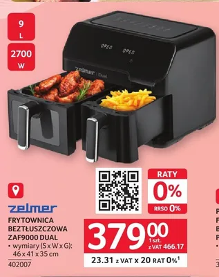 Frytkownica beztłuszczowa ZELMER ZAF9000 DUAL promocja w Selgros