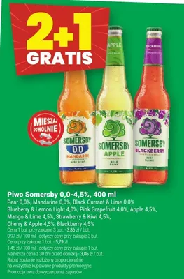 Piwo Somersby 0.0-4.5% Pear 0.0%, Mandarin 4.0%, Black Currant 4.5 Low 0.0%, Blueberry & Lemon Light 4.0%, Pink Grapefruit 4.0%, Apple 4.5%, Mango & Lime 4.5%, Strawberry & Kiwi 4.5%, Cherry & Apple 4.5%, Blackberry 4.5% promocja w Twój Market