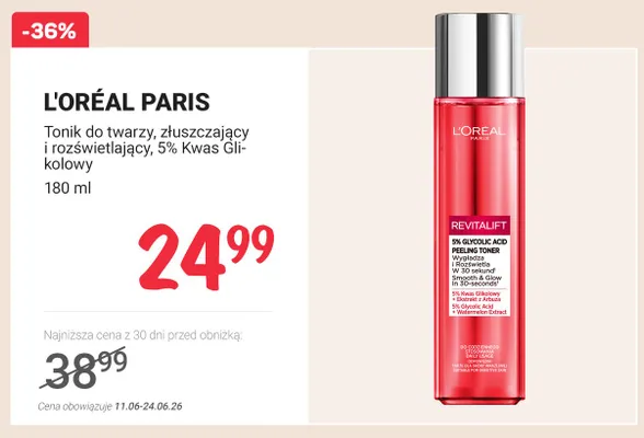 Tonik do twarzy złuszczający i rozświetlający 5% Kwas Glikolowy L'Oréal Paris Revitalift promocja w Rossmann