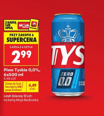 Piwo bezalkoholowe Tyskie Zero 6-pak 500 ml promocja w Biedronka