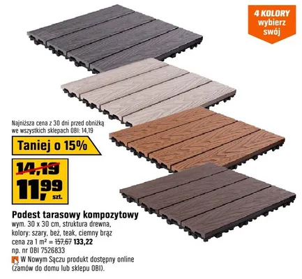 Podest tarasowy kompozytowy wym. 30 x 30 cm, struktura drewna, kolory: szary, beż, teak, ciemny brąż promocja w OBI